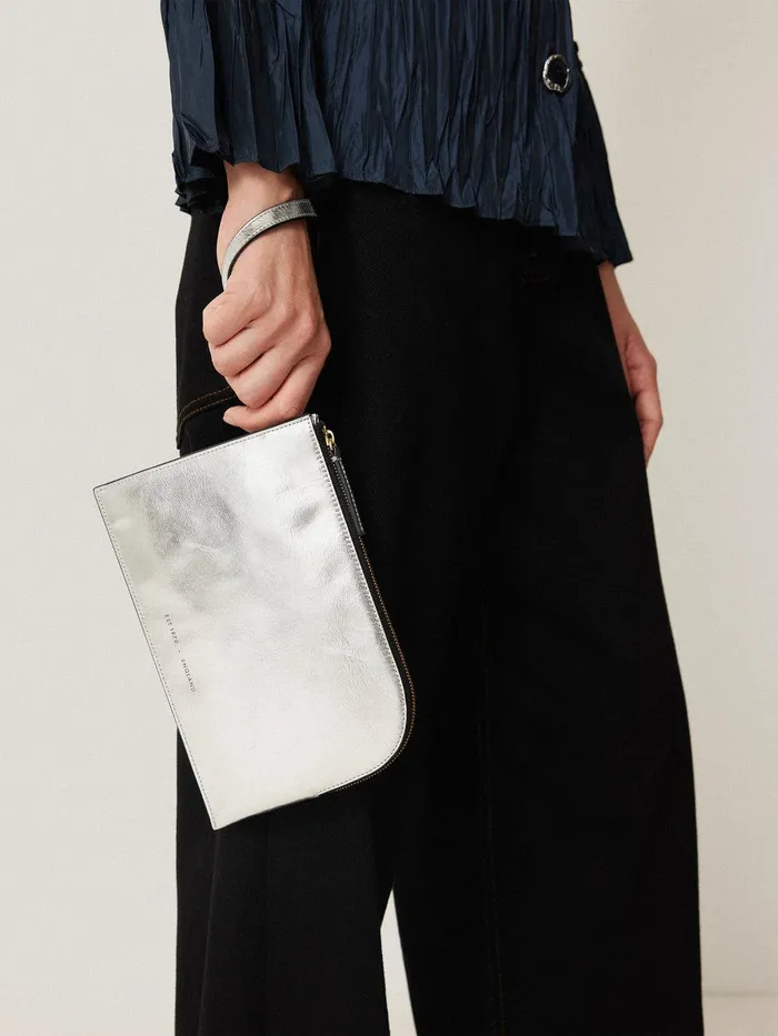 Women Sophia Metallic Leather Pouch Silver Jigsaw Party