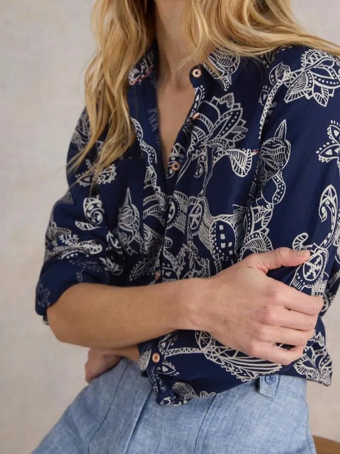 Women Sophie Organic Cotton Shirt Navy Print White Stuff Shirts and Blouses Women Sophie Organic Cotton Shirt Navy Print White Stuff Shirts and Blouses