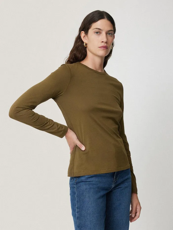 Women Supima Cotton Long Sleeve Tee Olive Jigsaw Shirts and Tops