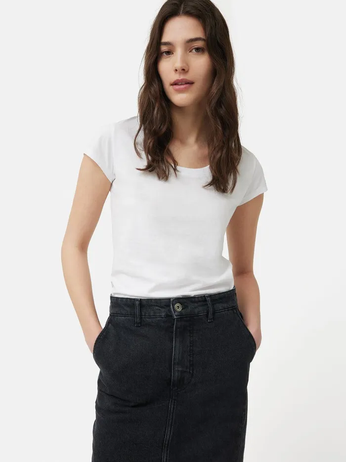 Women Supima Cotton Scoop Neck Tee White Jigsaw Shirts and Tops
