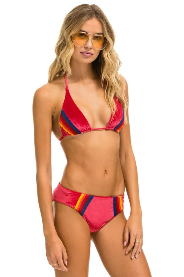 Women Swim Aviator Nation 5 STRIPE VELVET SCRUNCH BIKINI BOTTOM 8211 RED Women Swim Aviator Nation 5 STRIPE VELVET SCRUNCH BIKINI BOTTOM 8211 RED