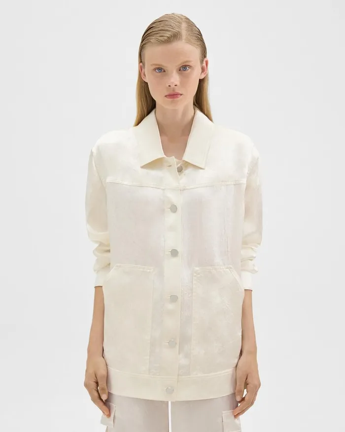 Women Theory Blazers Jackets Oversized Trucker Jacket In Textured Satin Ivory