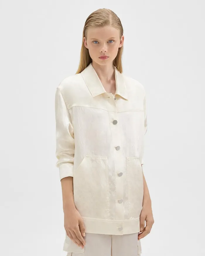 Women Theory Blazers Jackets Oversized Trucker Jacket In Textured Satin Ivory