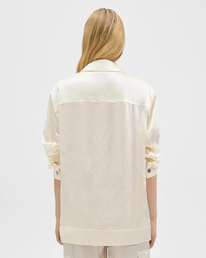 Women Theory Blazers Jackets Oversized Trucker Jacket In Textured Satin Ivory