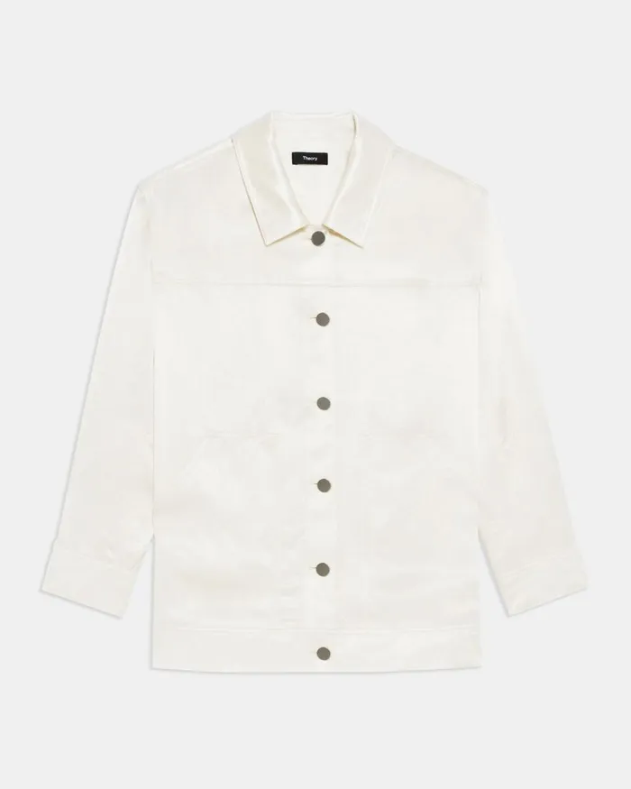 Women Theory Blazers Jackets Oversized Trucker Jacket In Textured Satin Ivory