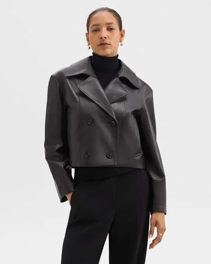 Women Theory Outerwear DoubleBreasted Crop Trench In Leather Black