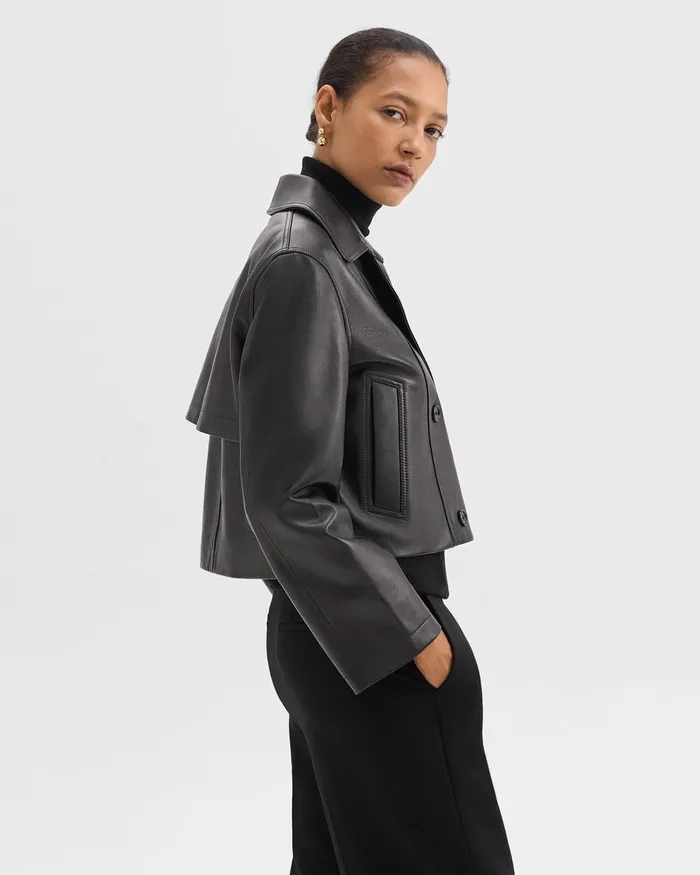 Women Theory Outerwear DoubleBreasted Crop Trench In Leather Black