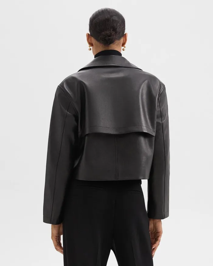 Women Theory Outerwear DoubleBreasted Crop Trench In Leather Black