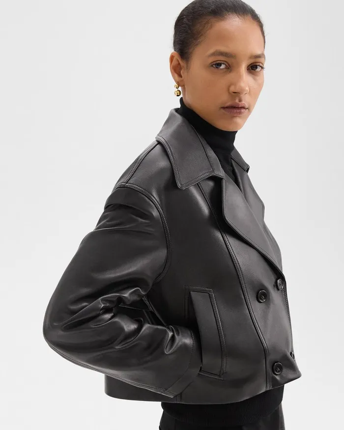 Women Theory Outerwear DoubleBreasted Crop Trench In Leather Black