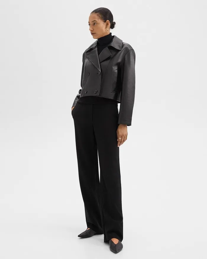 Women Theory Outerwear DoubleBreasted Crop Trench In Leather Black