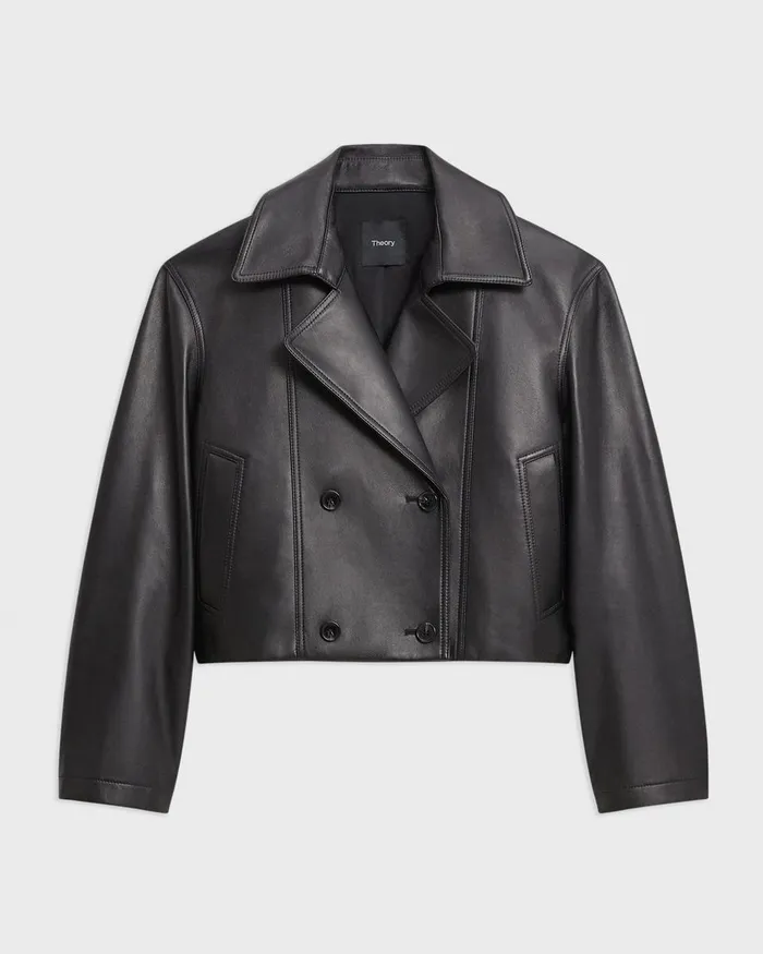 Women Theory Outerwear DoubleBreasted Crop Trench In Leather Black