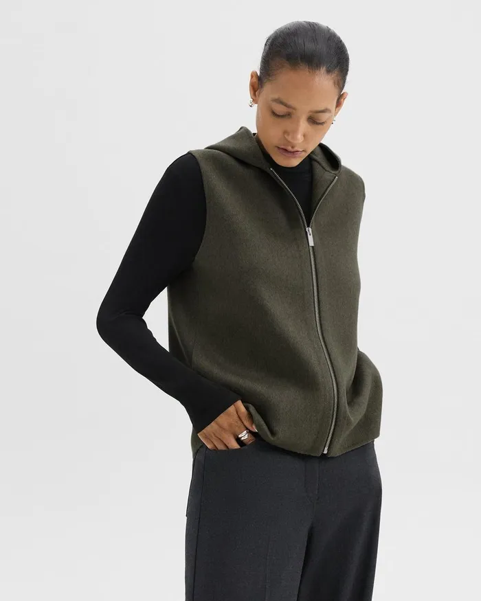 Women Theory Outerwear Hooded ZipUp Vest In DoubleFace WoolCashmere Hunter Green Melange