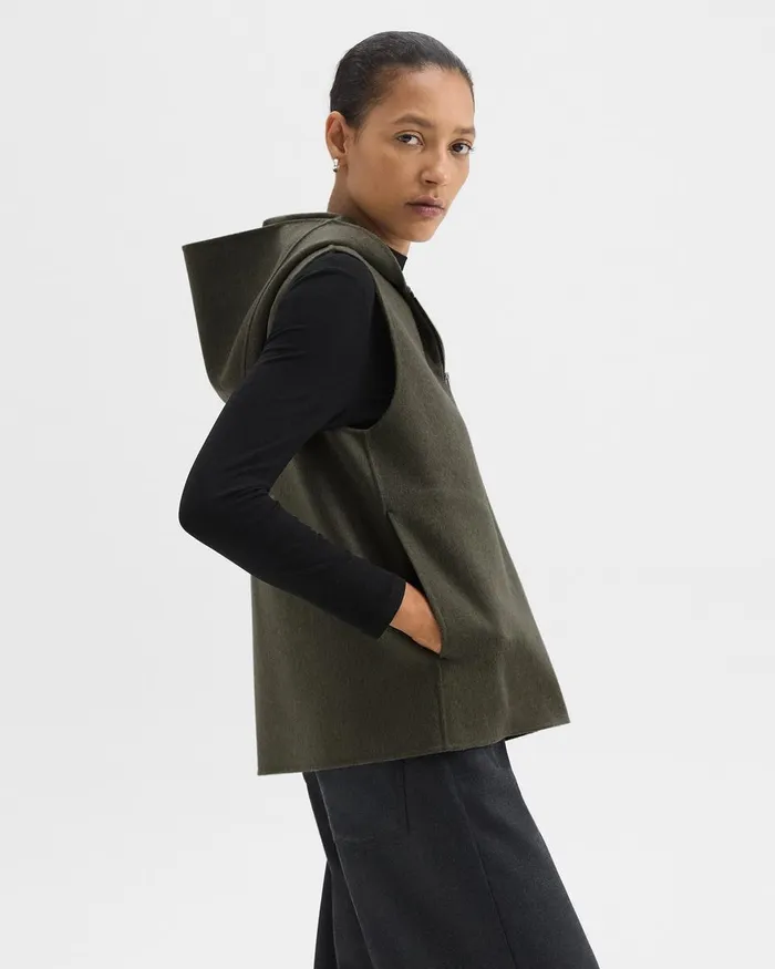 Women Theory Outerwear Hooded ZipUp Vest In DoubleFace WoolCashmere Hunter Green Melange