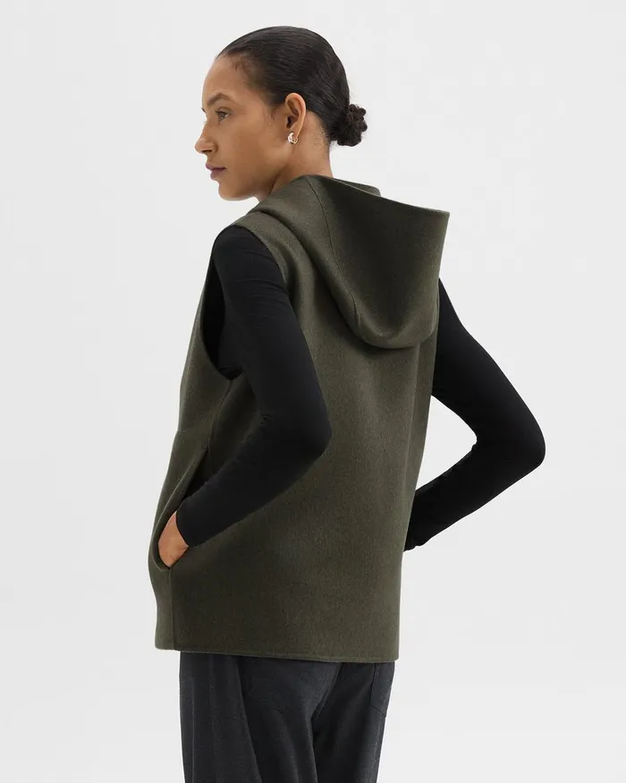 Women Theory Outerwear Hooded ZipUp Vest In DoubleFace WoolCashmere Hunter Green Melange