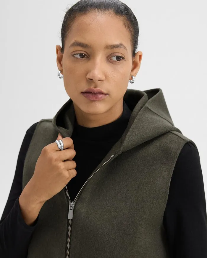 Women Theory Outerwear Hooded ZipUp Vest In DoubleFace WoolCashmere Hunter Green Melange