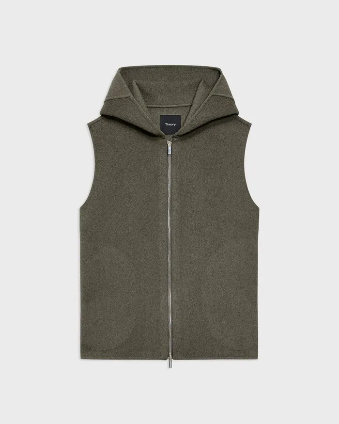 Women Theory Outerwear Hooded ZipUp Vest In DoubleFace WoolCashmere Hunter Green Melange