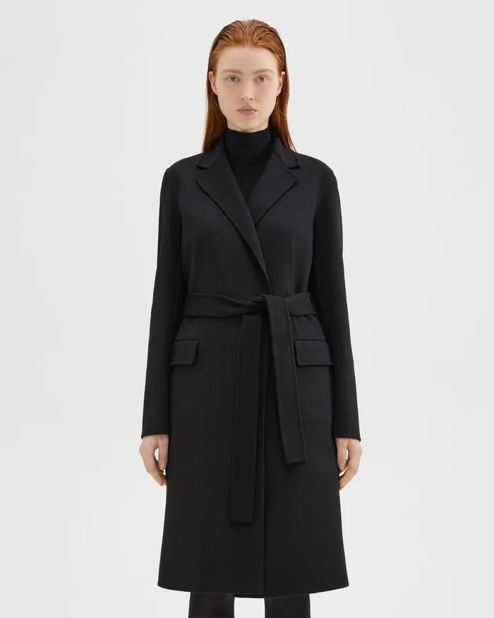 Women Theory Outerwear Wrap Coat In DoubleFace WoolCashmere Black