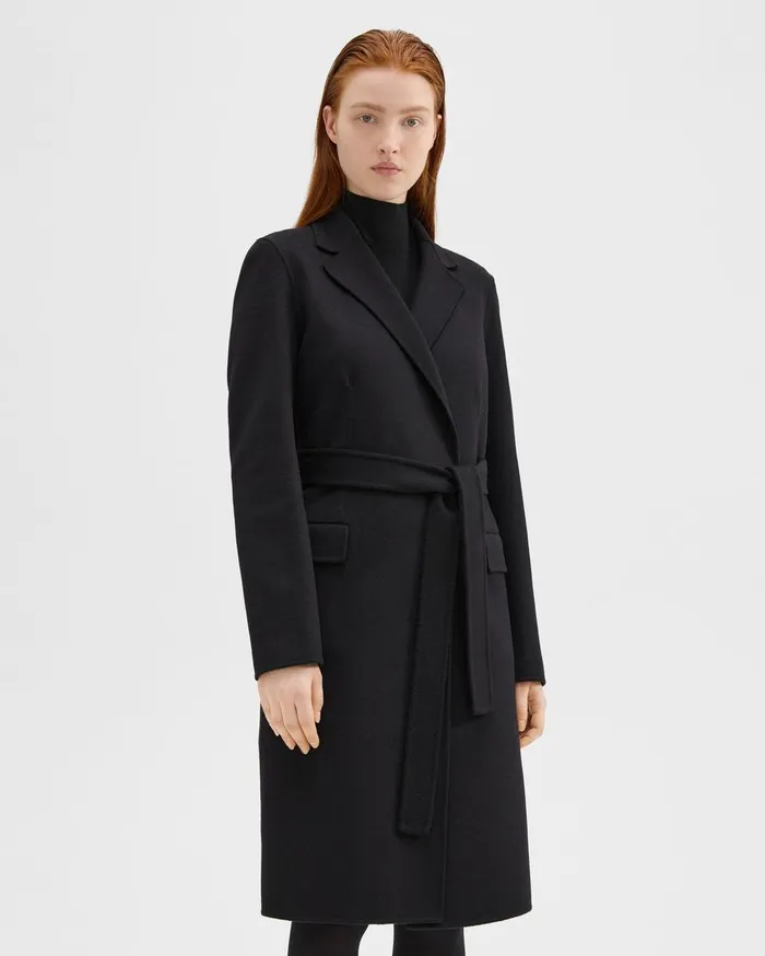 Women Theory Outerwear Wrap Coat In DoubleFace WoolCashmere Black