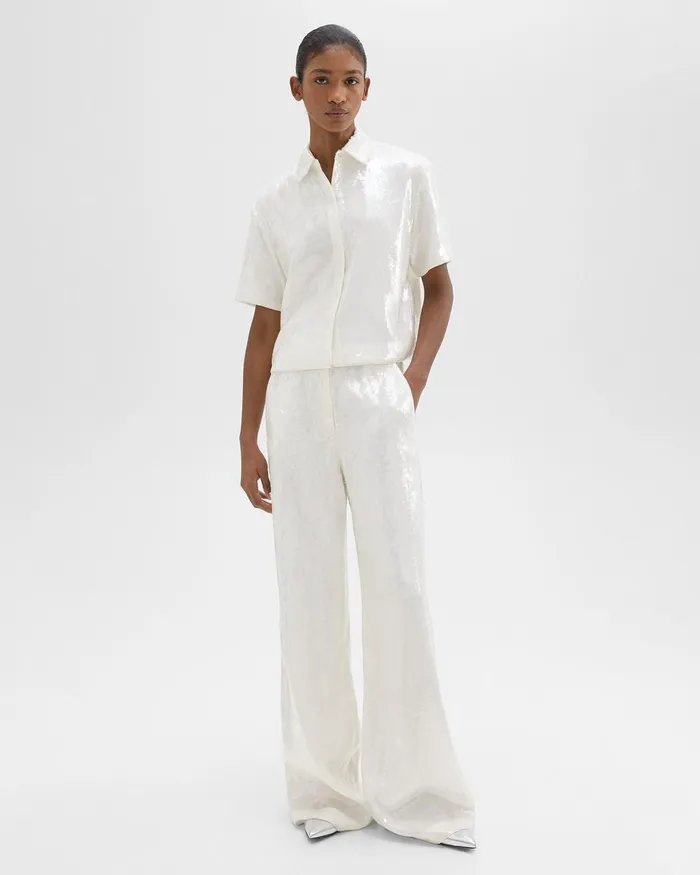 Women Theory Pants HighWaist WideLeg Pant In Recycled Sequins White