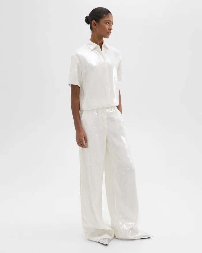 Women Theory Pants HighWaist WideLeg Pant In Recycled Sequins White