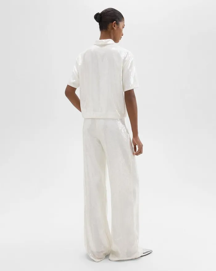 Women Theory Pants HighWaist WideLeg Pant In Recycled Sequins White