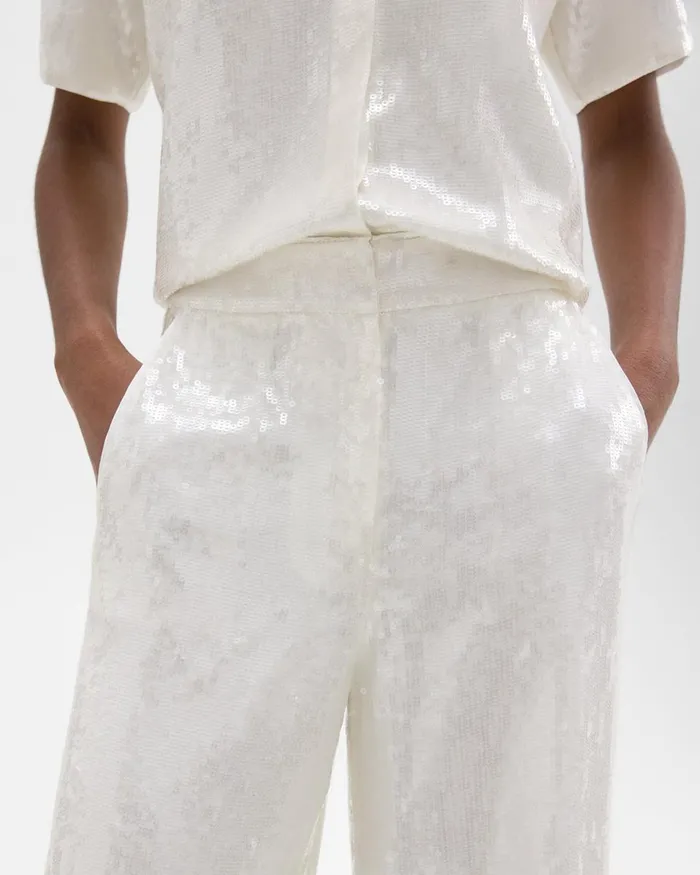 Women Theory Pants HighWaist WideLeg Pant In Recycled Sequins White