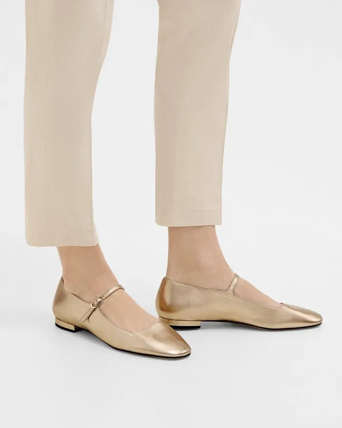 Women Theory Shoes Mary Jane Ballerina Flat In Metallic Leather Light Gold