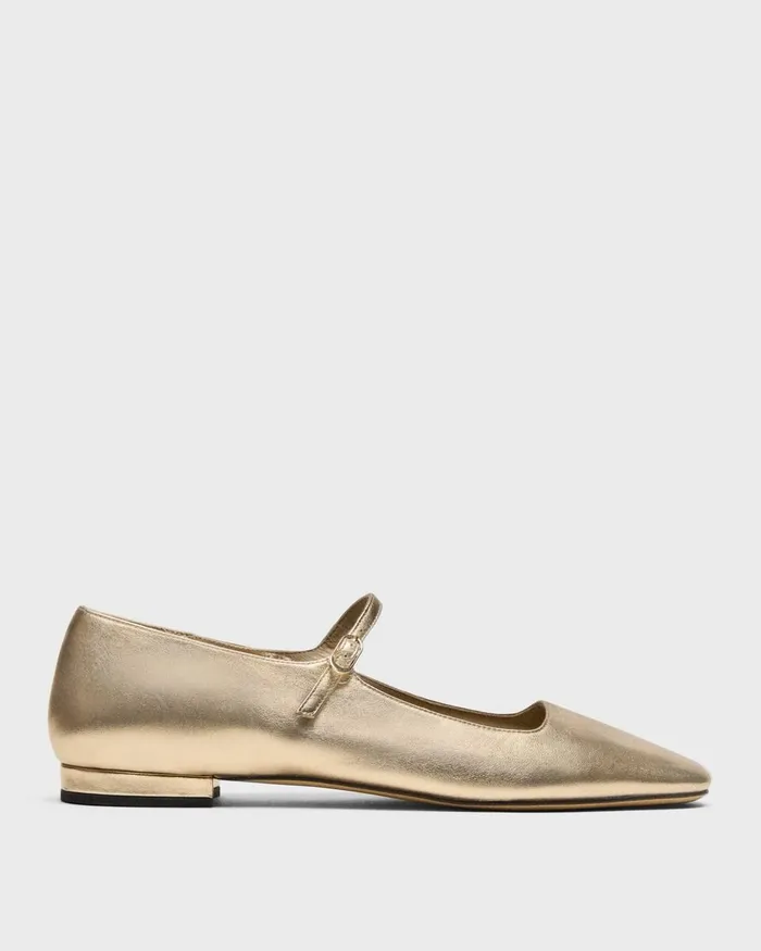Women Theory Shoes Mary Jane Ballerina Flat In Metallic Leather Light Gold