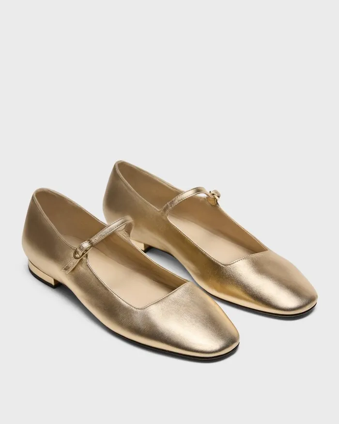 Women Theory Shoes Mary Jane Ballerina Flat In Metallic Leather Light Gold