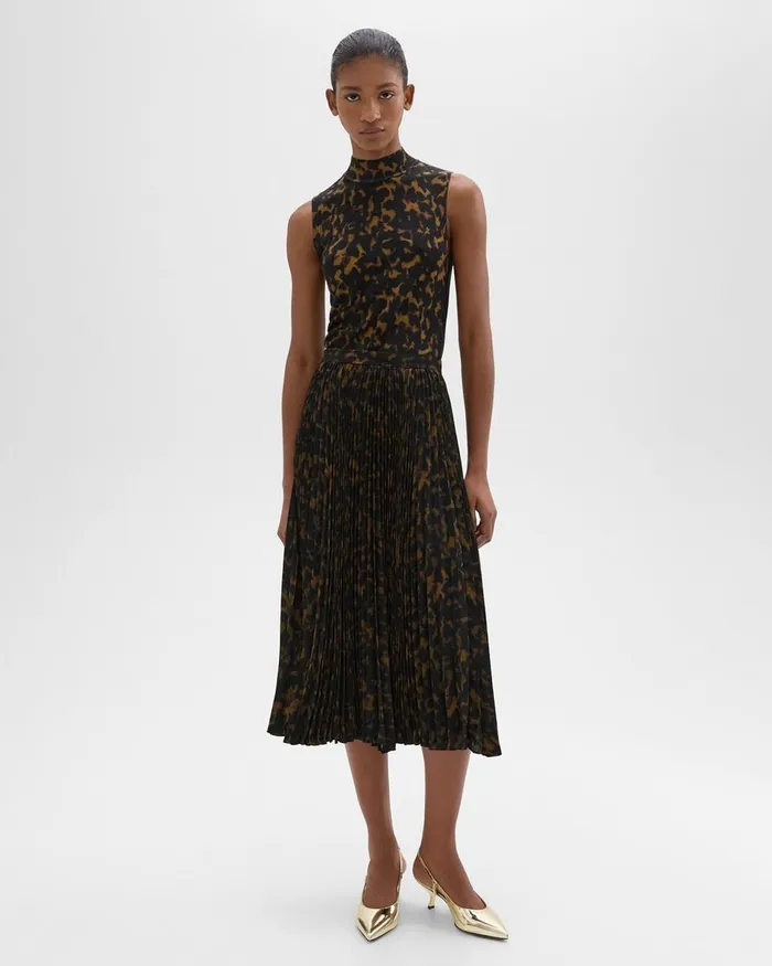 Women Theory Skirts Pleated Midi Skirt In Tortoiseshell Printed Georgette Dark Brown Multi