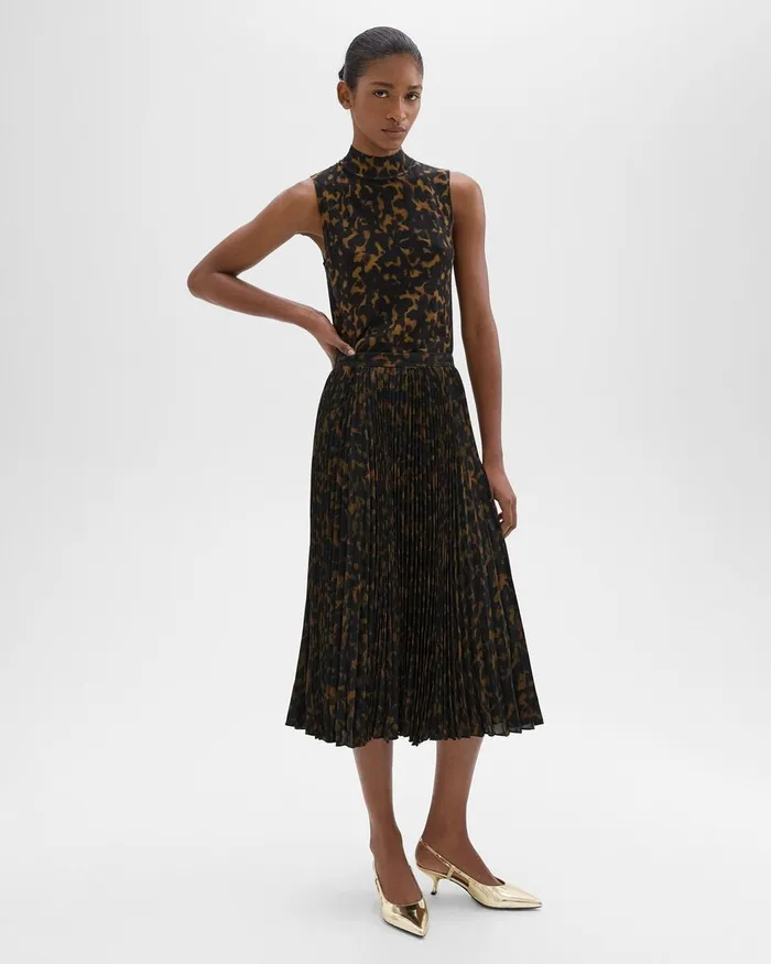 Women Theory Skirts Pleated Midi Skirt In Tortoiseshell Printed Georgette Dark Brown Multi