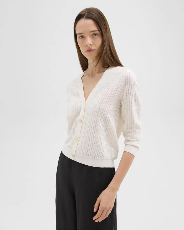 Women Theory Sweaters Cardigans Cropped Cardigan In LinenViscose Bone