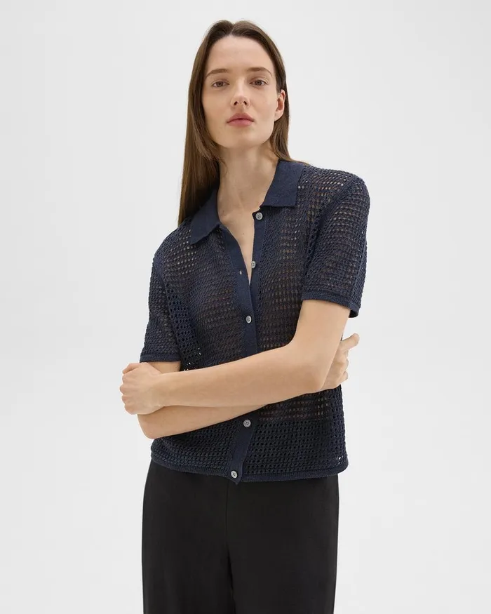Women Theory Sweaters Cardigans Mesh ShortSleeve Shirt In LinenViscose Nocturne Navy
