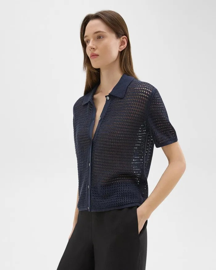 Women Theory Sweaters Cardigans Mesh ShortSleeve Shirt In LinenViscose Nocturne Navy