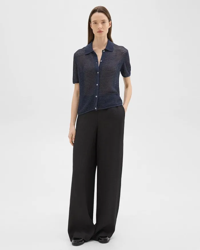 Women Theory Sweaters Cardigans Mesh ShortSleeve Shirt In LinenViscose Nocturne Navy