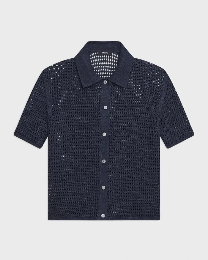Women Theory Sweaters Cardigans Mesh ShortSleeve Shirt In LinenViscose Nocturne Navy