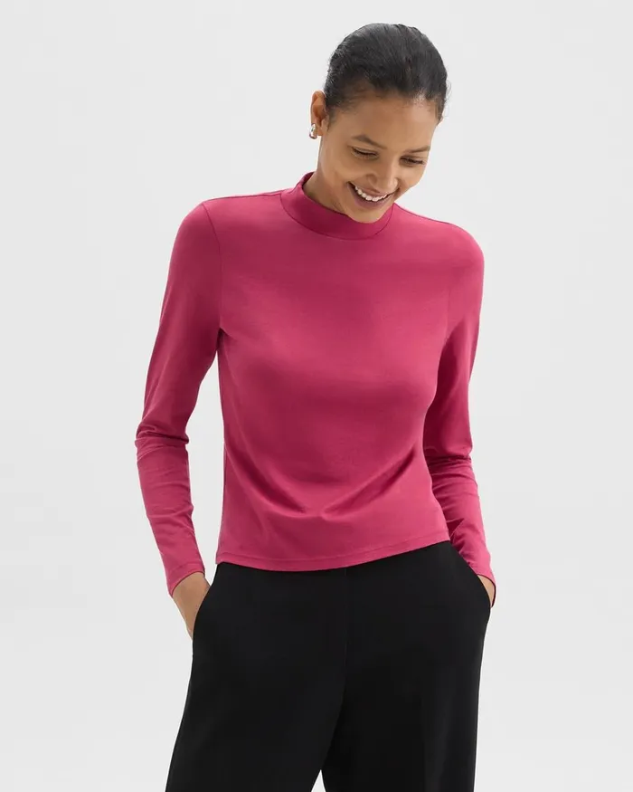 Women Theory TShirts Tank Tops Tiny Mock Neck Tee In Organic Cotton Deep Rose
