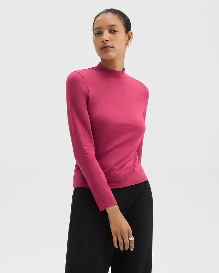Women Theory TShirts Tank Tops Tiny Mock Neck Tee In Organic Cotton Deep Rose