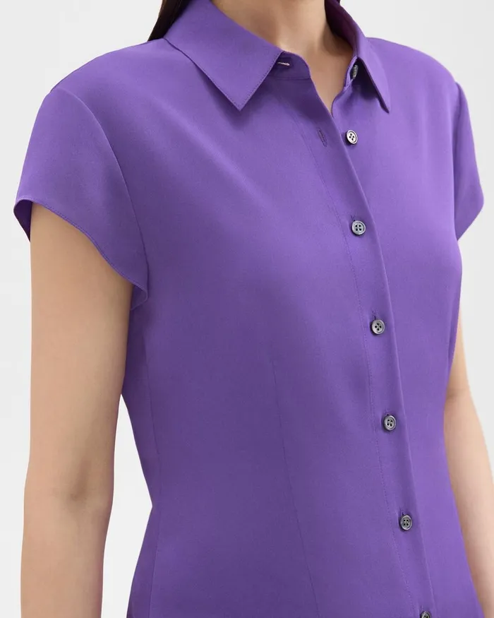 Women Theory Tops Cap Sleeve Shirt In Silk Georgette Bright Peony