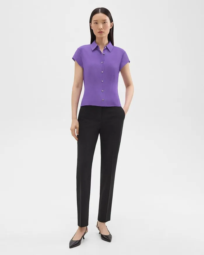 Women Theory Tops Cap Sleeve Shirt In Silk Georgette Bright Peony