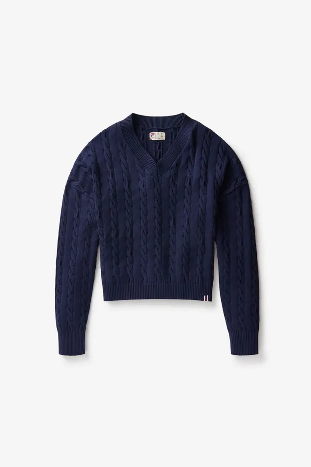Women Tops and TShirts Fila Baseline Chunky VNeck Sweater 400 Filanavy