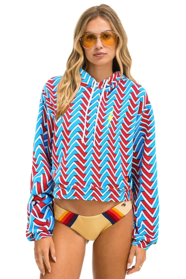 Women Tops Aviator Nation GEO ZIG BOLT EMBRIODERY RELAXED CROPPED PULLOVER HOODIE 8211 RED BLUE