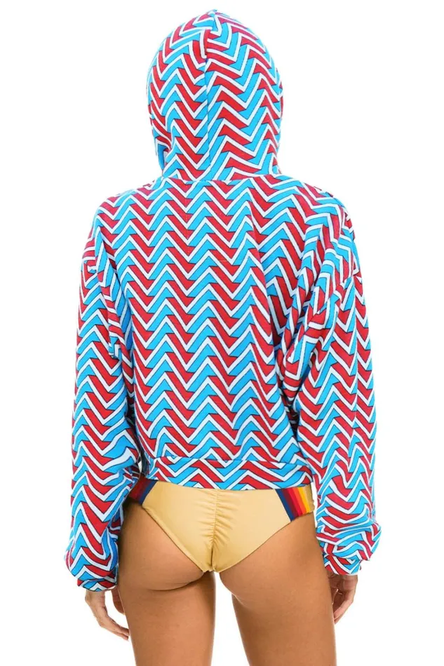 Women Tops Aviator Nation GEO ZIG BOLT EMBRIODERY RELAXED CROPPED PULLOVER HOODIE 8211 RED BLUE
