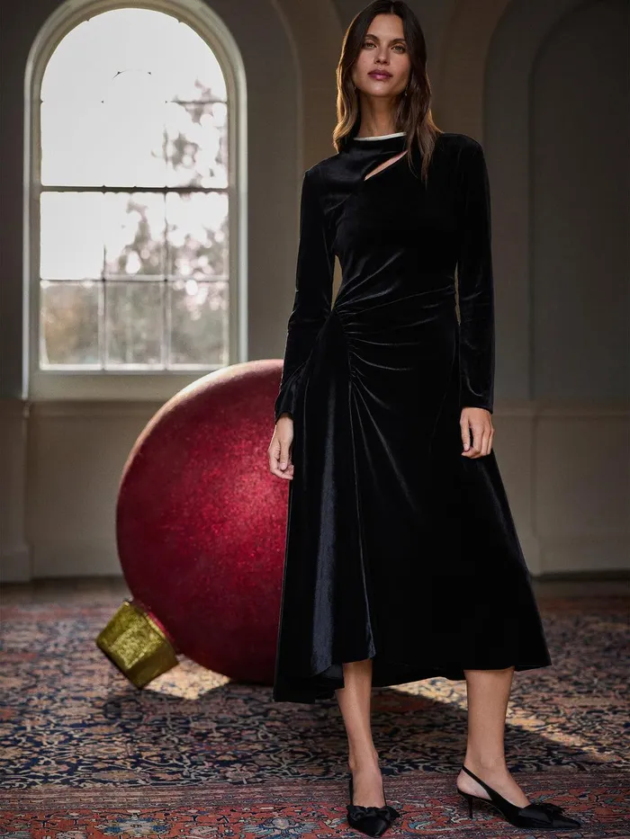 Women Velvet Ruched Dress Black Jigsaw Party