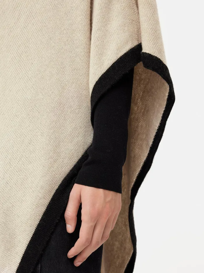 Women Wool Cashmere Blend Border Poncho Cream Jigsaw Ponchos and Scarves