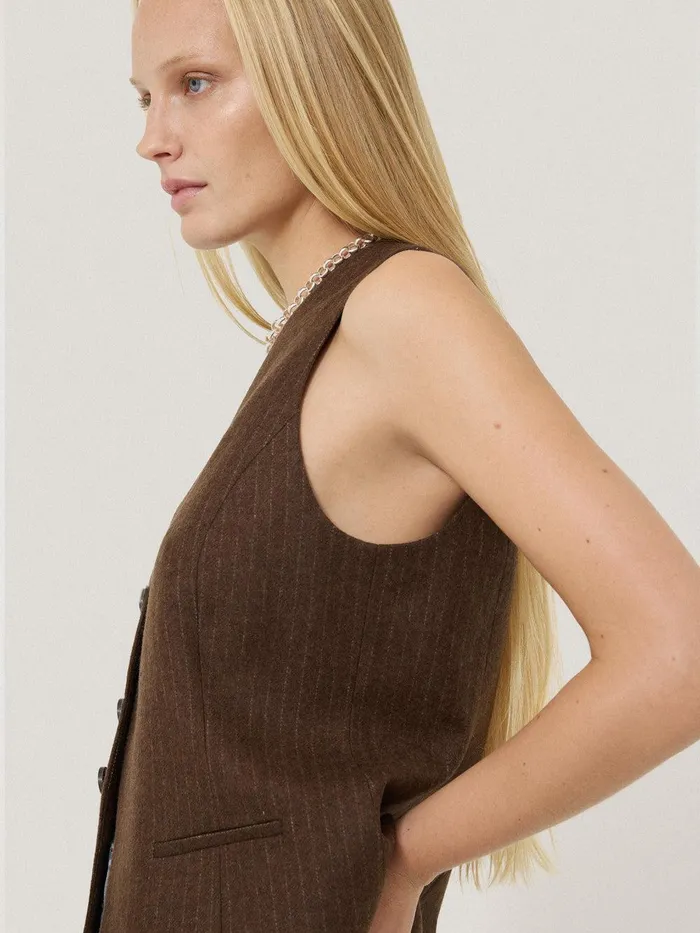 Women Wool Pinstripe Waistcoat Brown Jigsaw Coats and Jackets