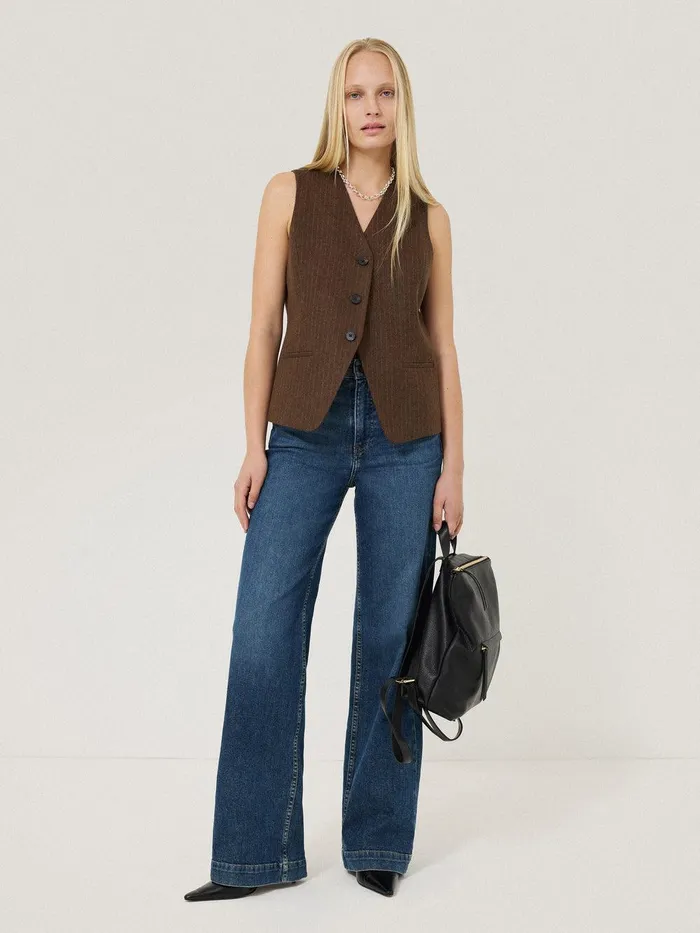 Women Wool Pinstripe Waistcoat Brown Jigsaw Coats and Jackets