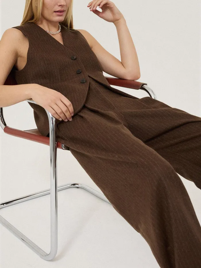 Women Wool Pinstripe Waistcoat Brown Jigsaw Coats and Jackets