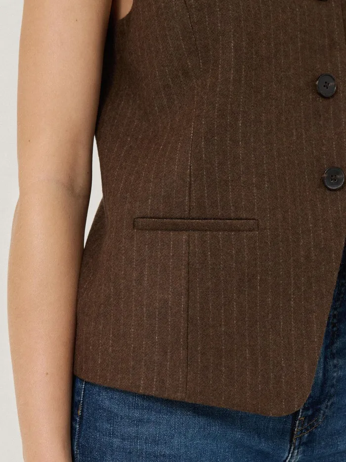 Women Wool Pinstripe Waistcoat Brown Jigsaw Coats and Jackets