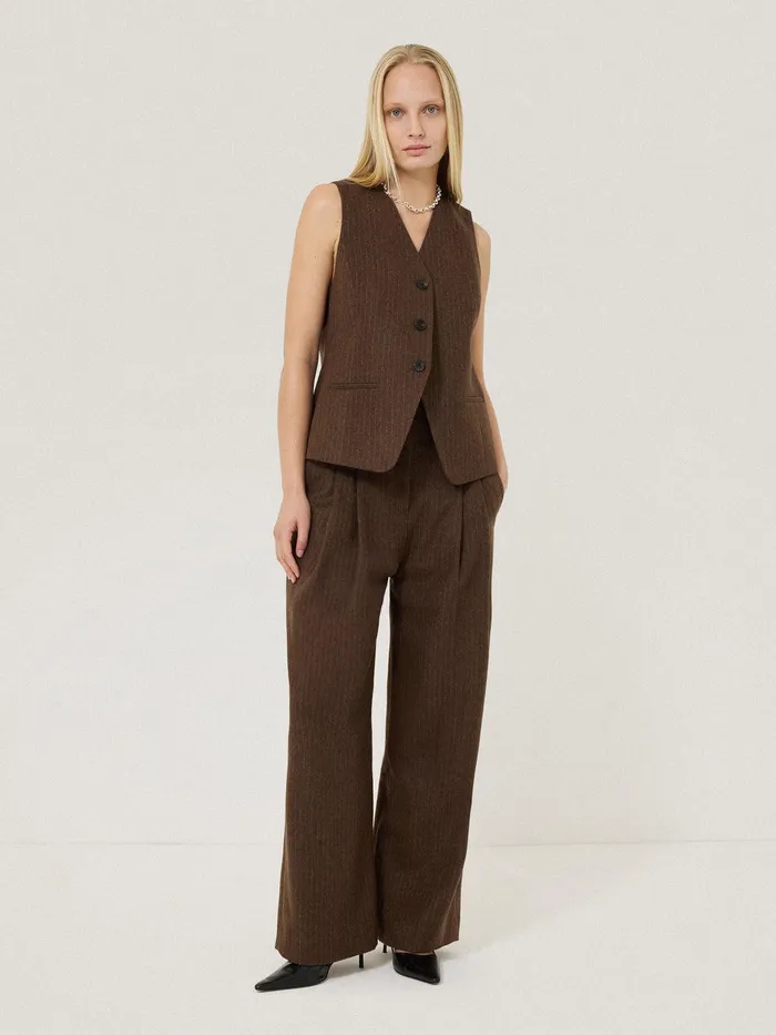 Women Wool Pinstripe Waistcoat Brown Jigsaw Coats and Jackets